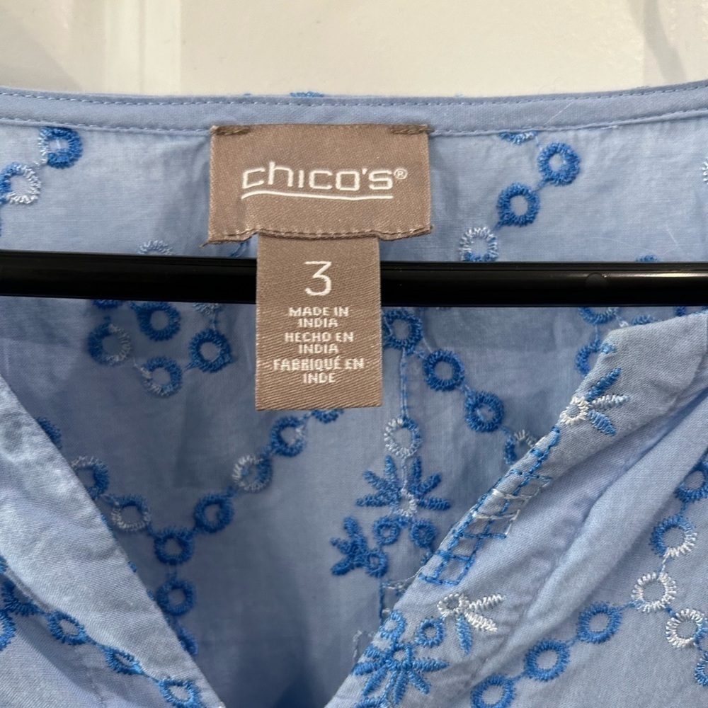 Chico's 100% Cotton Tunic Blouse Sz XL Embroidered Roll Tab Sleeve Cottage Core - Picture 3 of 8